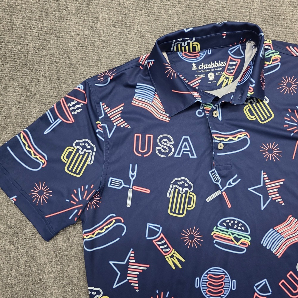 Chubbies Mens USA Neon BBQ Polo Shirt Navy Blue Short Sleeve Size Medium
